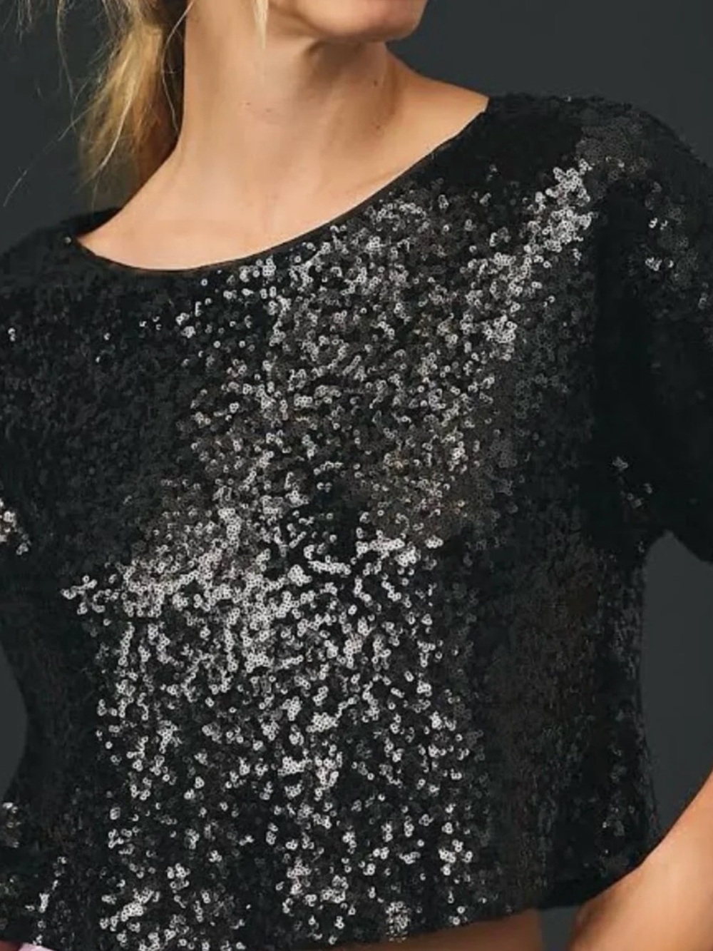 Anthropologie Sequin Short Sleeve Crop Top - Black